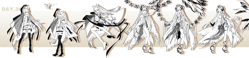 1girl absurdres animal_ears arknights arm_up arrow_(projectile) bike_shorts bike_shorts_under_shorts bird boots bow_(weapon) bug butterfly drawing_bow elite_ii_(arknights) expressionless fleeing flower from_side fy_fei_xiao_ya gradient_background heel_up high_heel_boots high_heels highres holding holding_arrow holding_bow_(weapon) holding_weapon horse_ears horse_tail insect jumping laurel_crown leaning_to_the_side long_hair long_image looking_to_the_side looking_up platinum_(arknights) platinum_(shimmering_dew)_(arknights) sandals see-through_clothes shorts standing strapless tail thigh_boots tube_top undersized_object unzipped walking weapon white_background wide_image