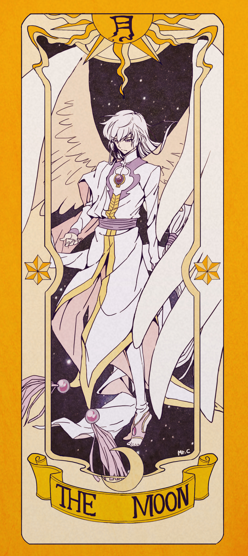 1990s_(style) 1boy absurdres artist_name cardcaptor_sakura clow_card crescent_moon english_text framed highres oversized_wings long_hair long_sleeves looking_down male_focus moon mr.c_(bchana) solo star_(symbol) sun white_hair wings yue_(cardcaptor_sakura)