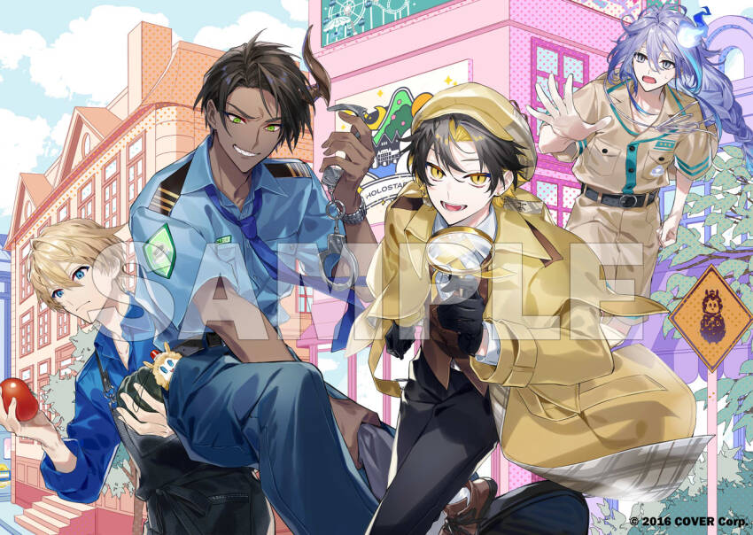 4boys :d ankle_boots antenna_hair apron aqua_hair aragami_oga belt black_apron black_belt black_gloves black_hair black_pants blonde_hair blue_eyes blue_necktie blue_pants blue_shirt boots braid brown_footwear brown_jacket brown_shorts brown_vest building cabbie_hat chashibu closed_mouth coat collared_shirt colored_inner_hair copyright_notice cowboy_shot cuffs curtained_hair dark-skinned_male dark_skin day demon_horns detective earrings feet_out_of_frame food foot_out_of_frame gloves grabbing_another&#039;s_arm green_eyes grin hair_between_eyes handcuffs hat hitodama holding holding_food holding_handcuffs holding_magnifying_glass holding_vegetable holostars horns jacket jewelry kishido_temma long_hair long_sleeves looking_at_another looking_at_food looking_at_viewer low-braided_long_hair low-tied_long_hair magnifying_glass male_focus minase_rio multicolored_hair multiple_boys necktie o-ring o-ring_belt official_alternate_costume official_art open_clothes open_coat open_collar open_mouth pants parted_bangs police police_uniform policeman purple_eyes purple_hair reaching road_sign sample_watermark sharp_teeth shirt short_hair short_sleeves shorts sign single_braid single_horn sleeves_rolled_up smile socks squash streaked_hair stuffed_animal stuffed_toy sweatdrop teeth tomato trench_coat two-tone_hair v-shaped_eyebrows vegetable vest virtual_youtuber watch watermark white_shirt white_socks wing_collar wristwatch yatogami_fuma yellow_coat yellow_eyes yellow_hat zookeeper