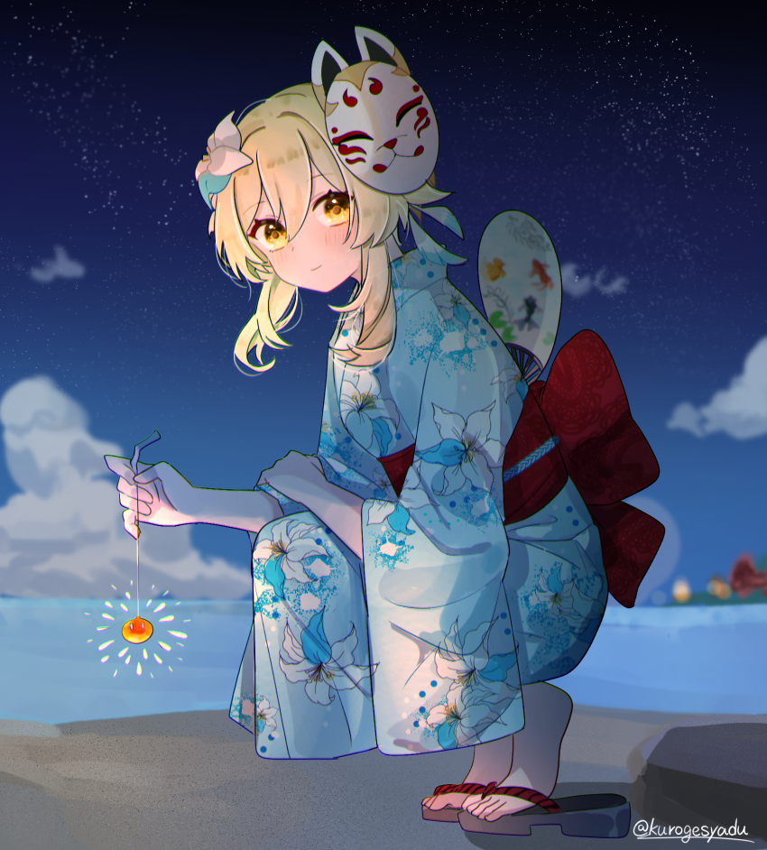 1girl alternate_costume artist_name back_bow beach blonde_hair blue_kimono bow closed_mouth commentary_request fireworks floral_print floral_print_kimono flower fox_mask genshin_impact hair_flower hair_ornament highres japanese_clothes kimono kuromu_shado lily_print looking_at_viewer lumine_(genshin_impact) mask mask_on_head night night_sky obi obijime outdoors print_kimono pyro_slime_(genshin_impact) red_bow red_sash sandals sash senkou_hanabi short_hair_with_long_locks sky slime_(genshin_impact) smile solo sparkler squatting twitter_username unmoving_pattern white_flower yellow_eyes zouri