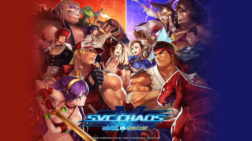6+boys 6+girls absurdres afro android athena_(series) bikini blank_eyes blonde_hair blue_eyes bracelet breasts capcom chun-li copyright_name crossed_arms crossover dark_skin demitri_maximoff demon demon_wings dougi earthquake_(samurai_spirits) energy_sword fangs fatal_fury fatal_fury_cap final_fight gloves helmet high_five highres holding holding_sword holding_weapon hugo_andore jewelry large_breasts logo long_hair makaimura mars_people medium_breasts mega_man_(series) mega_man_zero_(series) metal_slug multiple_boys multiple_crossover multiple_girls muscular official_art official_wallpaper ogura_eisuke open_mouth princess_athena red_arremer red_bikini rivalry ryu_(street_fighter) ryuuko_no_ken samurai_spirits shiranui_mai simple_background smile snk snk_vs_capcom_svc_chaos street_fighter studded_bracelet svc_chaos swimsuit sword tabasa tentacles terry_bogard the_king_of_fighters thumbs_up toudou_kasumi upper_body darkstalkers warzard weapon wings wizard yagami_iori yellow_eyes z_saber zero(z)_(mega_man) zero_(mega_man)