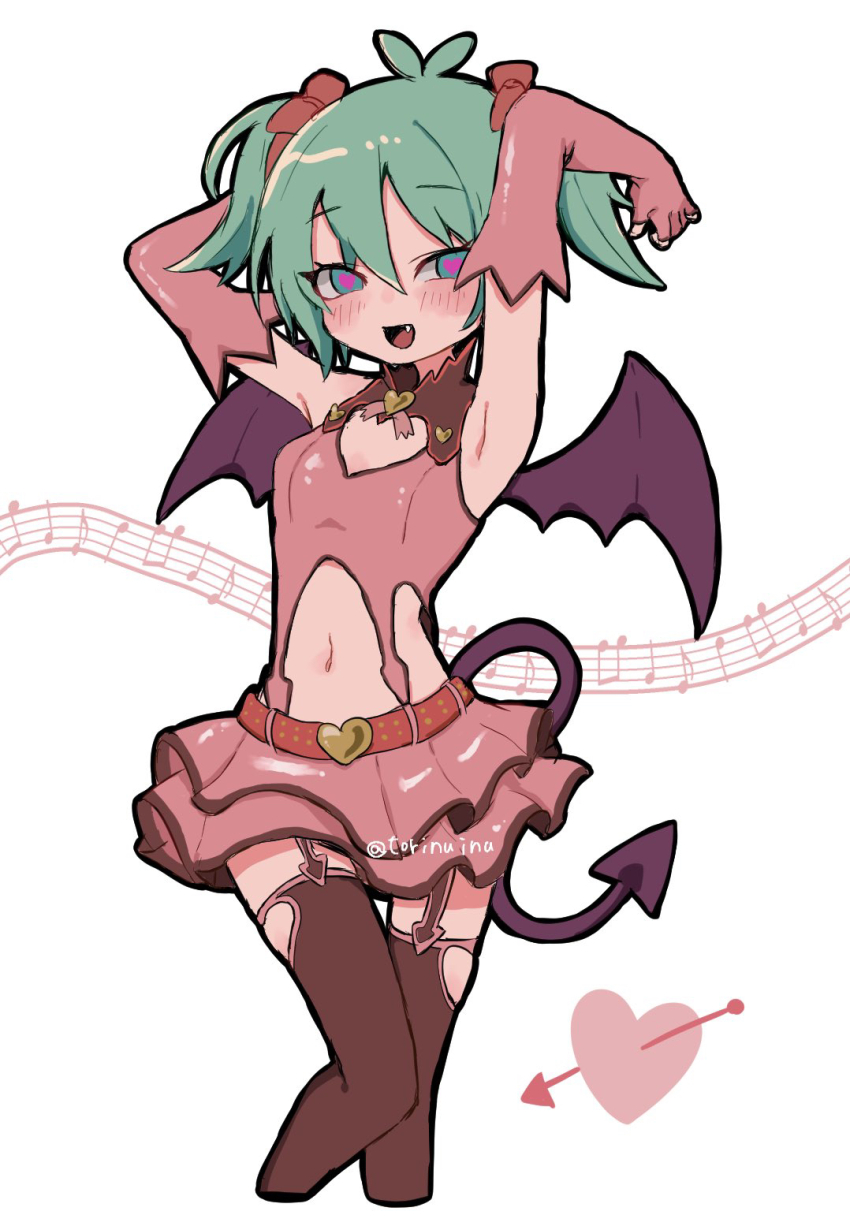1girl aqua_hair arms_up belt black_thighhighs commentary demon_girl demon_tail demon_wings garter_straps gloves hatsune_miku hatsune_miku_(heart_hunter) heart heart-shaped_pupils highres looking_at_viewer midriff navel petite pink_gloves pink_skirt project_diva_(series) red_belt short_hair short_twintails simple_background skirt solo symbol-shaped_pupils tail thighhighs torinuinu twintails vocaloid white_background wings