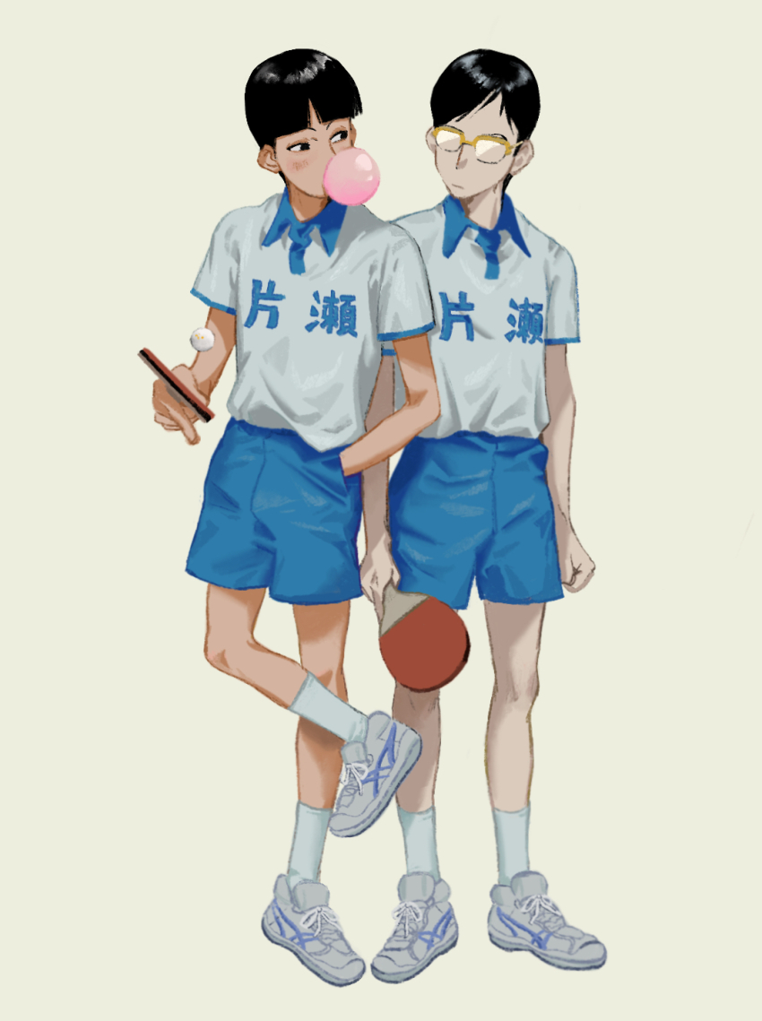 2boys ball black_hair blowing_bubbles blue_shorts chewing_gum closed_mouth collared_shirt full_body glasses green_background grey_footwear hand_in_pocket highres holding holding_paddle hoshino_yutaka looking_at_another male_focus multiple_boys paddle ping_pong_(manga) shirt shoes short_hair short_sleeves shorts simple_background sneakers socks table_tennis_ball table_tennis_paddle takushi_(taxi739) tsukimoto_makoto white_shirt white_socks