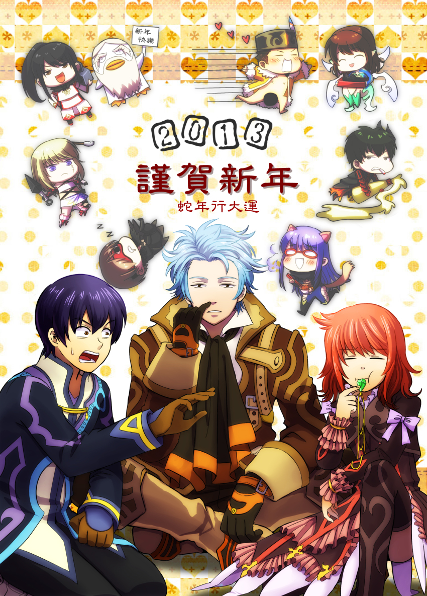 10s 2013 4girls 6+boys :o :t alvin_(tales) alvin_(tales)_(cosplay) alvin_(tales_of_xillia)_(cosplay) animal_ears ascot beard black_hair blonde_hair blue_eyes blue_hair boots bow brown_eyes brown_hair cat_ears cat_tail censored chibi cigarette coat cosplay crossover dress elizabeth_(gintama) elize_lutus elize_lutus_(cosplay) facial_hair folded_ponytail frills gaias_(cosplay) gaius_(tales) gaius_(tales)_(cosplay) gintama gloves hat highres hijikata_toushirou ibal_(cosplay) ivar_(tales) ivar_(tales)_(cosplay) jao_(cosplay) jewelry jiao_(tales) jiao_(tales)_(cosplay) jude_mathis jude_mathis_(cosplay) kagura_(gintama) katsura_kotarou kondou_isao kunai long_hair mayonnaise milla_maxwell milla_maxwell_(cosplay) multiple_boys multiple_girls muse_(tales_of_xillia)_(cosplay) muzet_(tales) muzet_(tales)_(cosplay) nose_picking okita_sougo orange_hair pendant polka_dot polka_dot_background ponytail presa_(tales) presa_(tales)_(cosplay) preza_(cosplay) purple_hair ribbon rowen_j._ilbert rowen_j._ilbert_(cosplay) sakata_gintoki sarutobi_ayame shimura_shinpachi shimura_tae short_hair sugita_tomokazu surprised sweat tail tales_of_(series) tales_of_xillia tsukuyo tsukuyo_(gintama) v-ko_(vickywa) voice_actor_connection weapon wingar_(cosplay) wingul_(tales) wingul_(tales)_(cosplay)