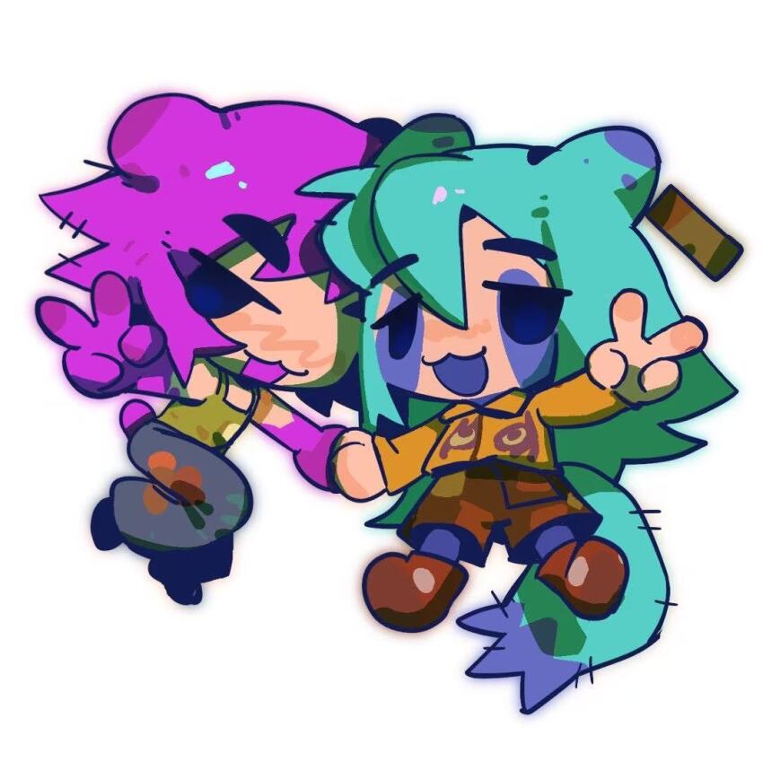 animal_ears anime_coloring bear bear_ears bear_girl chibi flying_squirrel green_hair non-web_source purple_hair squirrel squirrel_boy squirrel_ears squirrel_girl squirrel_tail tail thick_eyebrows toon_(style) victory
