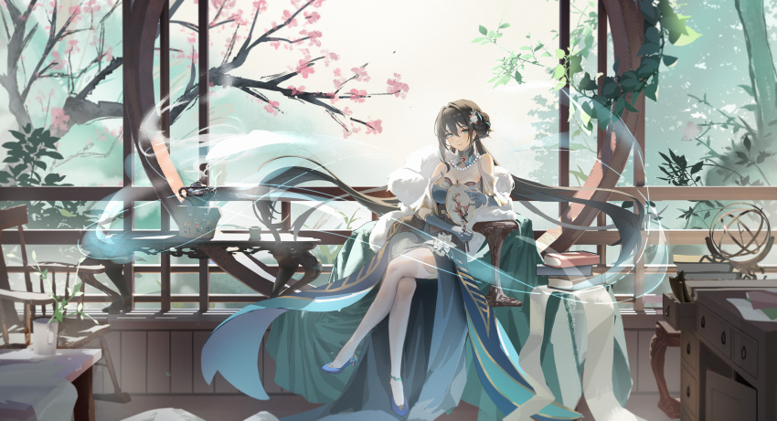 1girl absurdres aqua_collar aqua_dress aqua_gloves bead_necklace beads black_hair chinese_clothes clothing_cutout dress gloves green_gloves highres honkai:_star_rail honkai_(series) jewelry jiu_dao_fan_yin multicolored_hair necklace panorama pearl_necklace ruan_mei_(honkai:_star_rail) shoulder_cutout solo streaked_hair