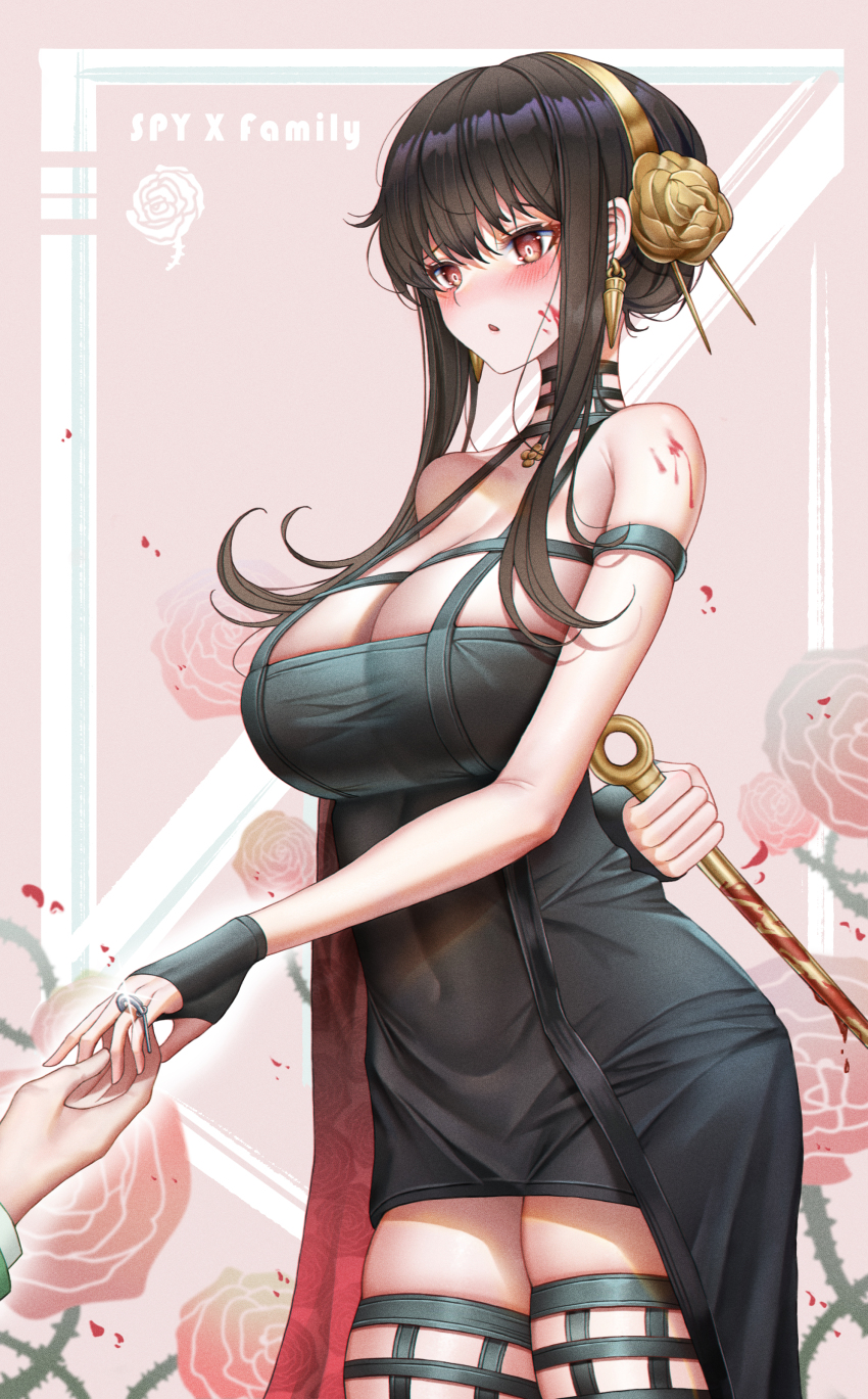 1boy 1girl absurdres bare_shoulders black_dress black_gloves black_hair black_thighhighs blood blood_on_arm blood_on_face bloody_weapon blush breasts copyright_name covered_navel dagger dress earrings engagement_ring fingerless_gloves floral_background flower glint gloves gold_earrings gold_hairband grenade_pin hair_flower hair_ornament hairband highres holding_hands jewelry knife large_breasts long_hair looking_at_another marriage_proposal out_of_frame parted_lips pink_background raised_eyebrows red_flower red_rose revision rose rose_background sidelocks skindentation solo_focus spikes spy_x_family stiletto_(weapon) taut_clothes taut_dress thighhighs thorns twilight_(spy_x_family) two-sided_dress two-sided_fabric weapon yf_(hbyg) yor_briar zettai_ryouiki