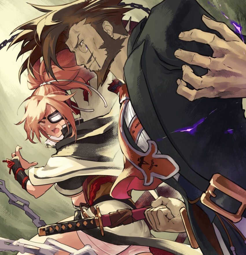 1girl baiken beard big_hair black_jacket black_kimono breasts brown_hair eyepatch facial_hair facial_tattoo guilty_gear guilty_gear_xrd jacket jacket_on_shoulders jako_(toyprn) japanese_clothes katana kimono large_breasts long_hair long_sleeves looking_at_viewer manly monocle monocle_chain multicolored_kimono mustache one-eyed open_clothes open_kimono pink_hair ponytail red_eyes samurai scar scar_across_eye scar_on_face short_hair slayer_(guilty_gear) sword tattoo vampire weapon white_kimono