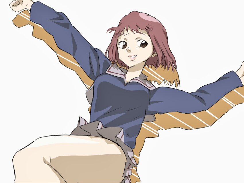 1girl breasts flcl happy highres legs lips medium_breasts pink_punk_ponk plaid_clothes plaid_skirt red_hair sailor_collar samejima_mamimi short_hair simple_background skirt solo white_background