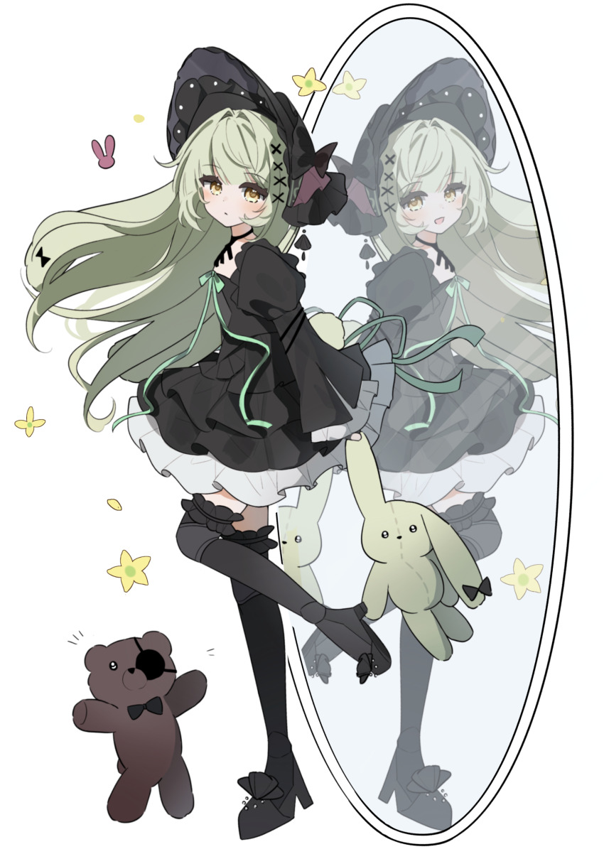 2girls absurdres animal_ears arknights back-to-back bang_dream! bang_dream!_it&#039;s_mygo!!!!! black_bonnet black_dress black_gloves bonnet chinese_commentary closed_mouth commentary_request different_reflection dress eyepatch floating_hair floppy_ears full-length_mirror full_body gloves gothic_lolita green_hair hair_ornament highres jiangzi_ww lolita_fashion long_hair long_sleeves looking_at_viewer mirror mortis_(bang_dream!) mortis_(persona)_(bang_dream!) multiple_girls rabbit_ears rabbit_girl reflection sidelocks smile stuffed_animal stuffed_rabbit stuffed_toy teddy_bear wakaba_mutsumi wakaba_mutsumi_(marionette&#039;s_id) x_hair_ornament yellow_eyes