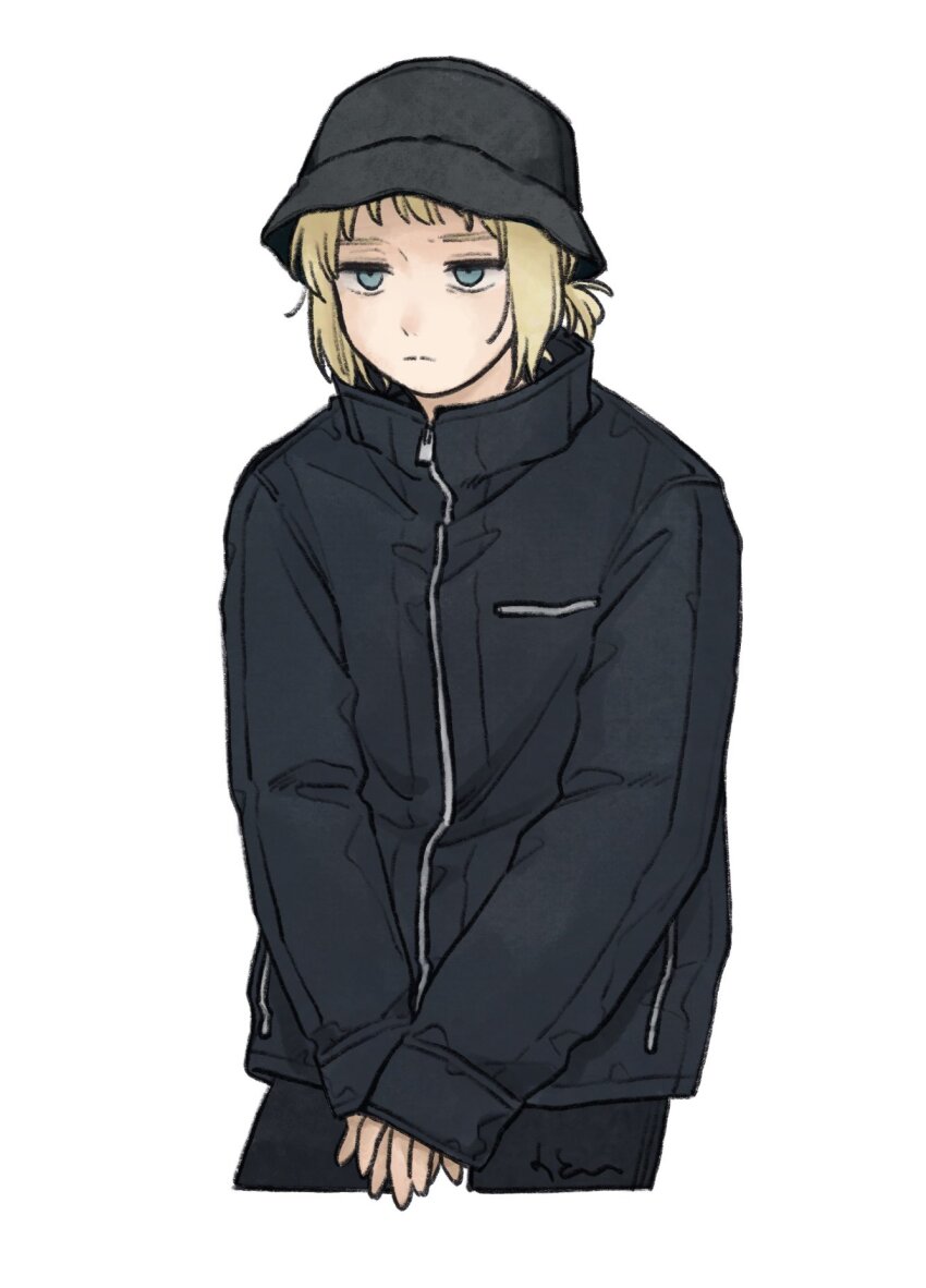 1boy axis_powers_hetalia black_hat black_jacket black_pants blonde_hair blue_eyes breast_pocket closed_mouth commentary_request cowboy_shot empty_eyes half-closed_eyes hat highres jacket long_sleeves looking_afar low_ponytail male_focus mi_aph_to pants pocket ponytail puffy_long_sleeves puffy_sleeves short_hair short_ponytail simple_background solo standing switzerland_(hetalia) white_background zipper