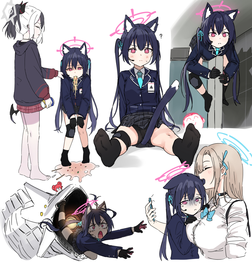 1boy 3girls ? aak absurdres animal_ear_fluff animal_ears asuna_(blue_archive) between_legs bike_shorts bike_shorts_under_skirt binah_(blue_archive) black_choker black_gloves black_hair black_hoodie black_horns black_skirt black_socks blue_archive blue_halo blue_jacket blue_ribbon blush breasts cat_ears cat_tail cellphone choker closed_eyes closed_mouth collared_shirt commentary_request doodle_sensei_(blue_archive) ear_piercing fang gloom_(expression) gloves grey_halo hair_ribbon halo hand_on_another&#039;s_chest hand_on_another&#039;s_shoulder hands_on_own_knees headset highres hood hoodie horns id_card jacket kayoko_(blue_archive) knee_brace large_breasts long_hair long_sleeves multicolored_hair multiple_girls multiple_views nazomaki_(blue_archive) open_mouth phone piercing pink_halo red_skirt ribbon sensei_(blue_archive) serika_(blue_archive) shirt single_wing skirt small_breasts smartphone socks split_mouth sweatdrop tail tail_between_legs twintails two-tone_hair vomiting white_background white_shirt wings
