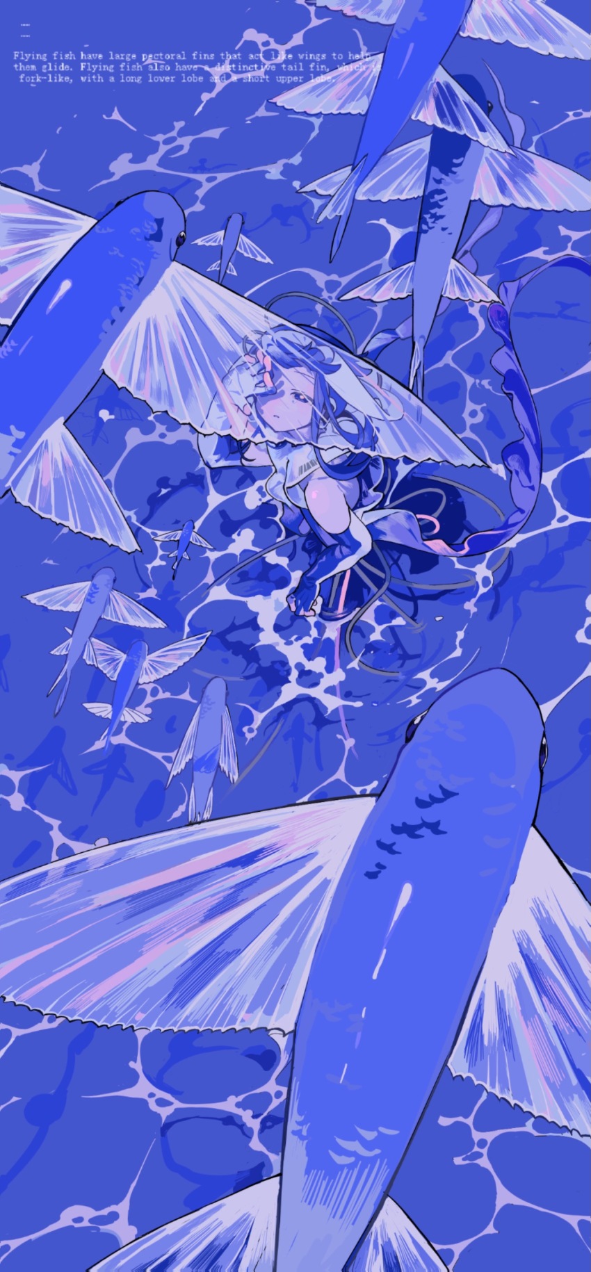 1other absurdres bare_shoulders blue_theme bright_pupils cable dajiafengfan25164 english_text fish flying_fish from_above gloves hand_over_face highres long_hair looking_up monochrome ocean original outdoors partially_fingerless_gloves perspective transparent_wings wading water white_pupils