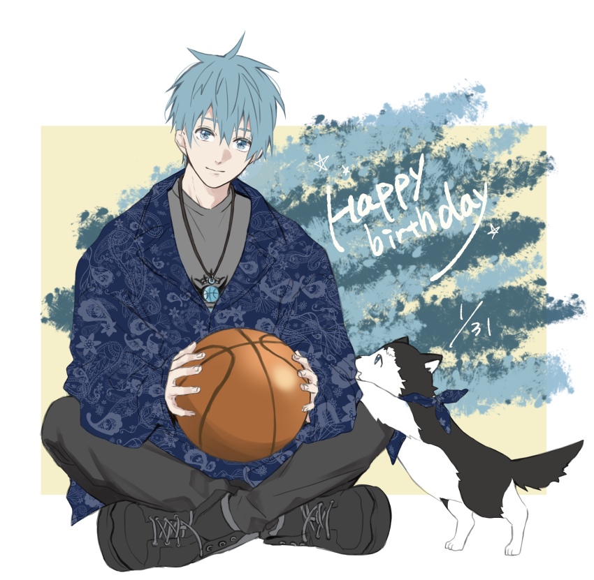 1boy absurdres animal bandana bandana_around_neck black_boots black_pants blue_hair boots closed_mouth commentary_request crew_neck dog grey_shirt hair_between_eyes highres japanese_clothes jewelry kuroko_no_basuke kuroko_tetsuya lace-up_boots light_smile looking_at_another looking_at_viewer male_focus mzpudding necklace pants patterned_clothing paw_up shirt sitting solo tetsuya_ni_gou