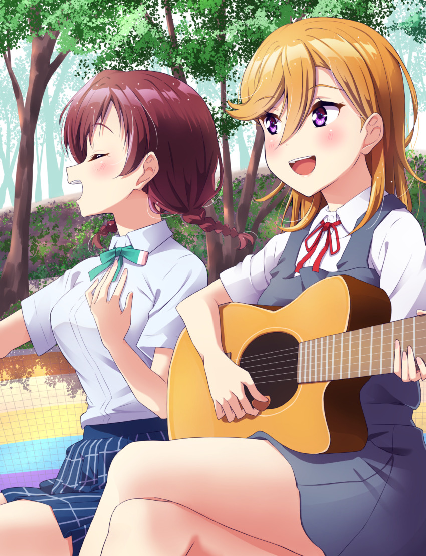 2girls check_commentary commentary_request crossed_legs emma_verde hand_on_own_chest highres in-franchise_crossover love_live! love_live!_nijigasaki_high_school_idol_club love_live!_superstar!! multiple_girls music nijigasaki_school_uniform outdoors playing_guitar playing_instrument qy73 school_uniform shibuya_kanon singing tree yuigaoka_school_uniform