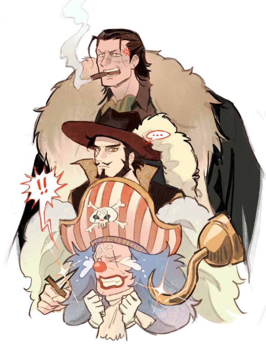 ! !! ... 3boys anger_vein ascot beard black_cape black_hair blue_hair buggy_the_clown cape cheseely cigar clenched_teeth closed_eyes closed_mouth clown_nose collared_cape commentary crocodile_(one_piece) cropped_shoulders crying dagger dracule_mihawk english_commentary facial_hair fur-trimmed_cape fur_trim gloves green_ascot grey_background hat highres holding holding_dagger holding_knife holding_weapon hook_hand knife lipstick long_hair makeup male_focus multiple_boys mustache one_piece open_mouth pirate_hat popped_collar scar scar_on_face short_hair skull_and_crossbones smoke smoke_trail speech_bubble spoken_ellipsis teeth weapon white_gloves yellow_eyes