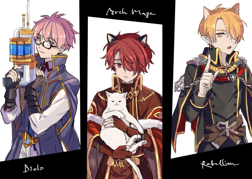 3boys animal arch_mage_(ragnarok_online) belt biolo_(ragnarok_online) black-framed_eyewear black_coat blonde_hair brown_belt brown_cape brown_gloves buttons cape cat character_name chinese_commentary closed_mouth coat commentary_request cowboy_shot cross cross_necklace double-breasted earrings emblem expressionless fingerless_gloves glasses gloves hair_between_eyes hair_over_one_eye highres holding holding_animal holding_cat holding_syringe index_finger_raised jewelry long_bangs long_sleeves looking_at_viewer military military_uniform multiple_boys necklace necktie open_mouth pants pink_hair pointy_ears purple_eyes ragnarok_online rebellion_(ragnarok_online) red_eyes red_hair red_necktie ruche_ro semi-rimless_eyewear shirt short_hair smile syringe under-rim_eyewear white_background white_cat white_pants white_shirt yellow_eyes