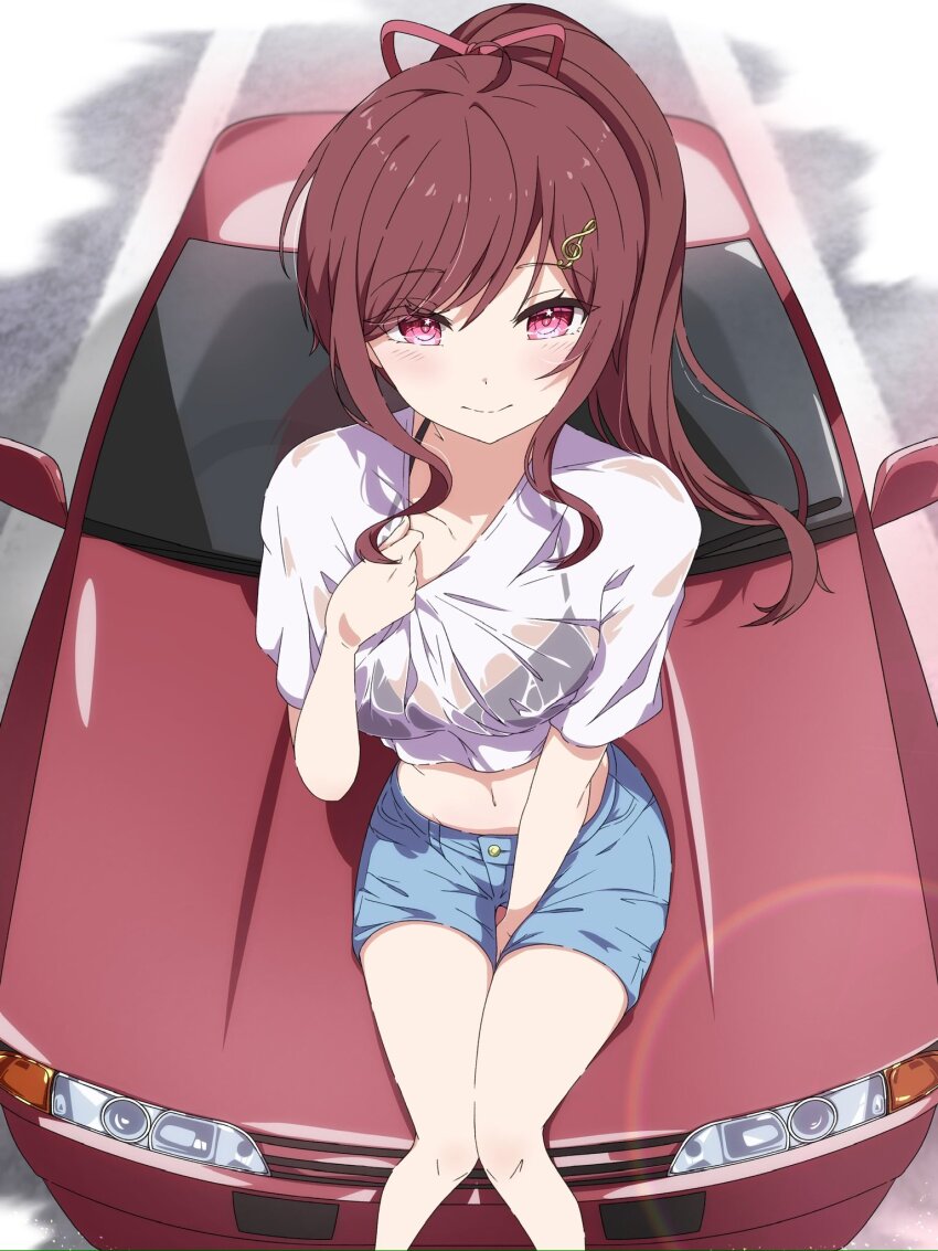 1girl between_legs black_bra blue_shorts blush bra car commentary fortissimo from_above hair_ornament hair_ribbon hand_between_legs highres indie_virtual_youtuber kuiha_ekaki lens_flare long_hair looking_at_viewer midriff miori_celesta motor_vehicle musical_note musical_note_hair_ornament navel nissan nissan_skyline nissan_skyline_gt-r nissan_skyline_r32 on_car perspective pink_eyes ponytail red_car red_ribbon ribbon shirt shorts sitting smile solo symbol-only_commentary underwear virtual_youtuber wet wet_clothes wet_shirt white_shirt