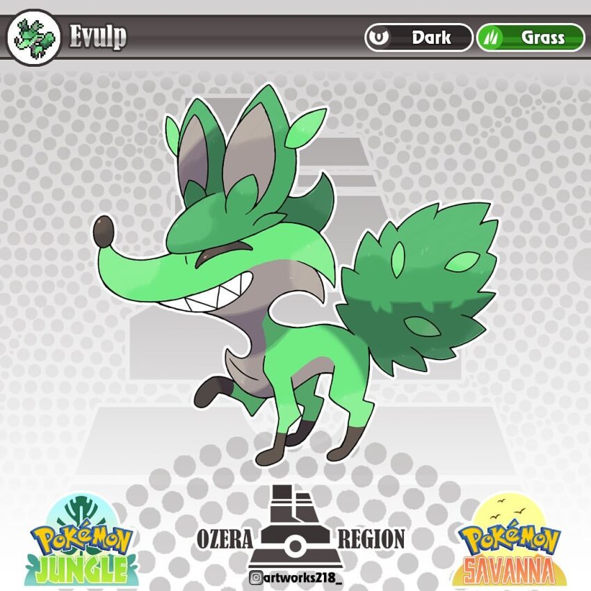 artist_name artworks218 closed_eyes copyright_logo english_text fakemon green_fur grey_fur grin multicolored_fur nintendo no_humans original pokemon pokemon_(creature) sharp_teeth smile solo teeth