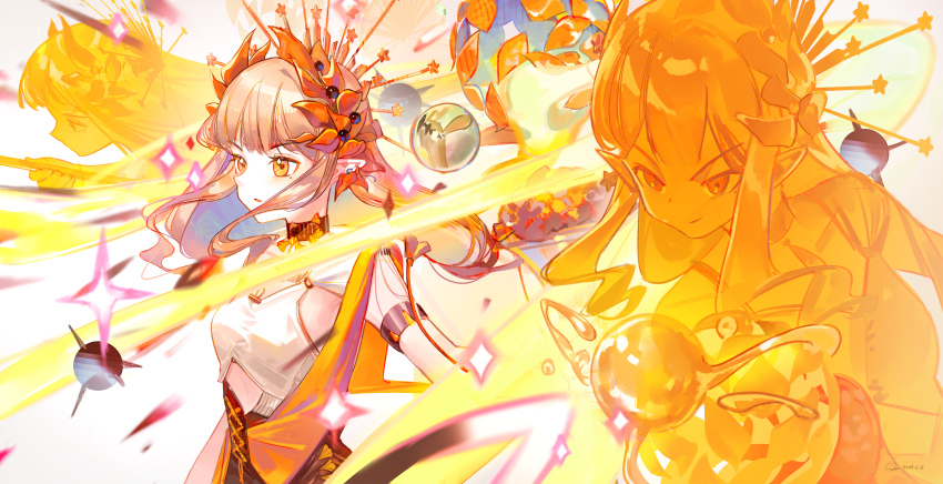 1girl absurdres alternate_costume arknights blonde_hair closed_mouth hair_ornament highres holding long_hair long_sidelocks lyuqiu mole mole_under_eye muelsyse_(arknights) multiple_persona orange_eyes parted_lips pointy_ears sidelocks smirk upper_body