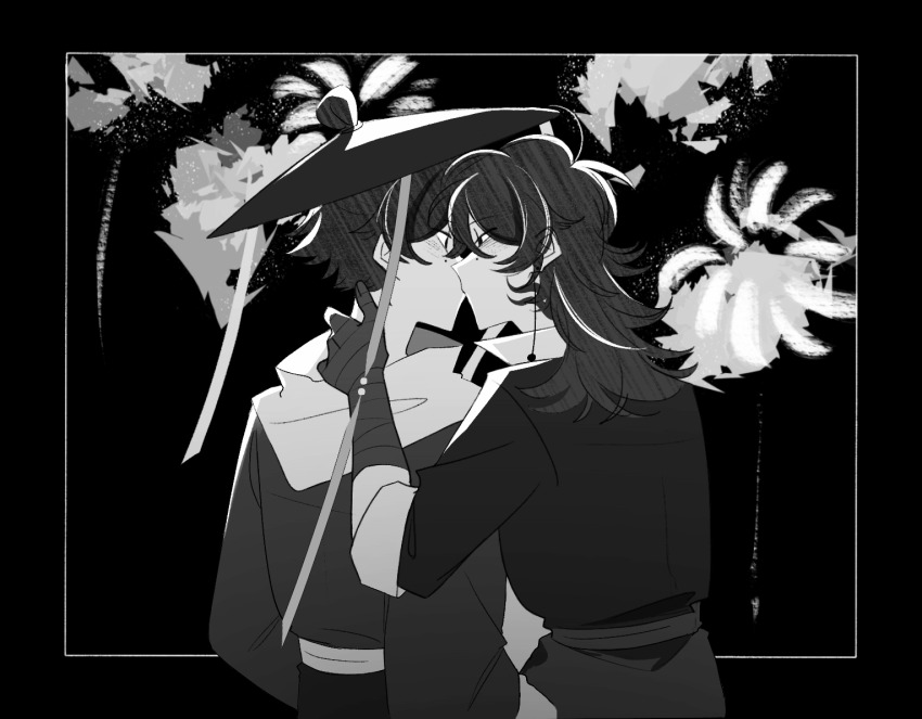 2boys bandaged_arm bandaged_hand bandages cen_boyao chinese_commentary commentary_request earrings greyscale hand_on_another&#039;s_neck hat huayangshan_jishi jacket jewelry kiss long_hair male_focus mole mole_under_eye monochrome multiple_boys neng_chi_huoguo_ma scarf short_hair sleeves_rolled_up upper_body yaoi zhao_yuwen