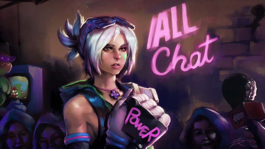 1girl arcade_cabinet bare_shoulders eyewear_on_head highres hood hoodie league_of_legends mario mario_(series) microphone neon_lights nintendo phantom_ix_row power_glove riven_(league_of_legends) solo_focus sunglasses white_hair yellow_eyes zac_(league_of_legends)