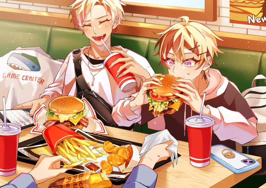 1other 2boys absurdres aose_(_aose242) bag black_shirt blonde_hair booth_seating burger cellphone cheese chicken_nuggets closed_eyes commentary_request cup disposable_cup drinking_straw eating fast_food food food_on_face food_wrapper french_fries highres holding holding_burger holding_food holding_napkin holding_phone hood hoodie ketchup laughing lettuce male_focus meat multiple_boys original phone purple_eyes restaurant sesame_seeds shirt smartphone tomato tomato_slice tray white_hoodie white_shirt