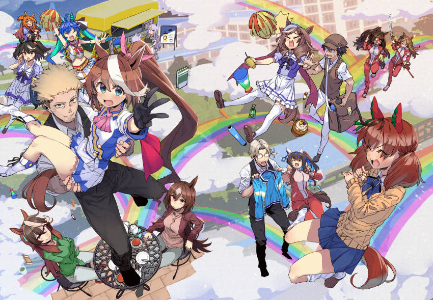 3boys 6+girls ahoge animal_ears ascot bag black_gloves black_hair black_pants blue_eyes blue_hair blue_skirt book boots bow bowtie breasts brown_footwear brown_hair brown_jacket brown_sweater buruma cardigan carrying chair charm_(object) closed_eyes closed_mouth cloud cosplay crossed_arms cup cupcake daitaku_helios_(umamusume) disposable_cup domino_mask ear_covers el_condor_pasa_(umamusume) fang food food_truck glasses glint gloves grass_wonder_(umamusume) green_shirt grey_hair hair_ornament hairclip hat hidori_(hibi_toridori) highres holding holding_cup holding_jacket holding_polearm holding_unworn_clothes holding_weapon horse_ears horse_girl horse_tail index_finger_raised jacket jewelry jude_maverick kitasan_black_(umamusume) knife long_hair long_sleeves loose_socks mask matikane_tannhauser_(umamusume) mayano_top_gun_(umamusume) medium_breasts megaphone mejiro_mcqueen_(ripple_fairlady)_(umamusume) mejiro_mcqueen_(umamusume) miniskirt multicolored_hair multiple_boys multiple_girls naginata necklace nice_nature_(run&amp;win)_(umamusume) nice_nature_(umamusume) nice_nature_(umamusume)_(cosplay) opaque_glasses open_mouth orange_hair pants pink_ascot pink_shirt plate polearm pom_pom_(cheerleading) ponytail princess_carry purple_hair purple_shirt reaching reaching_towards_viewer red_jacket red_pants running sailor_collar school_uniform scroll shirt shoes short_hair short_sleeves shoulder_bag side_ponytail sirius_symboli_(umamusume) sitting skirt small_breasts smile sneakers socks solid_eyes standing streaked_hair sweatdrop sweater sweater_vest symboli_rudolf_(umamusume) table tail teacup teapot tearing_up thighhighs tokai_teio_(umamusume) tracen_school_uniform track_jacket trainer_(umamusume) twin_turbo_(umamusume) twintails umamusume unworn_jacket very_short_hair w weapon white_footwear white_shirt white_skirt white_socks white_thighhighs