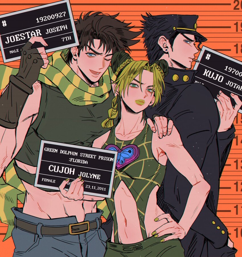 1girl 2boys battle_tendency black_hat gakuran grandfather_and_granddaughter grandfather_and_grandson hat highres jojo_no_kimyou_na_bouken joseph_joestar kuujou_jolyne kuujou_joutarou mugshot multicolored_hair multiple_boys navel rpwywy school_uniform spiked_hair stardust_crusaders stone_ocean two-tone_hair