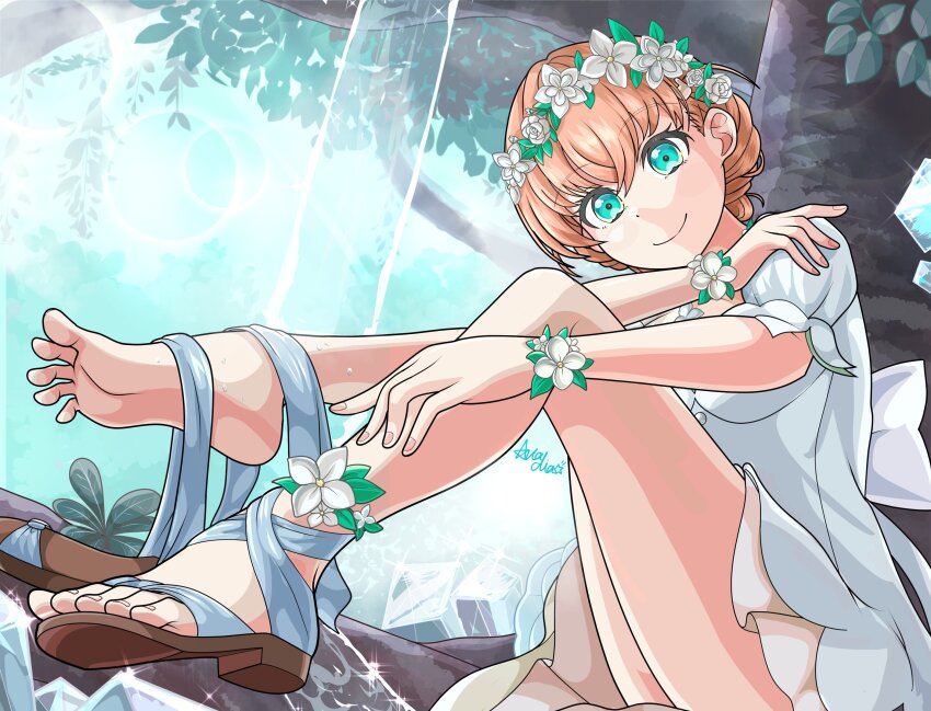 1girl arcadia_gwsns72 bare_legs brown_sandals closed_mouth commentary dress flower flower_wreath full_body head_wreath highres hinoshita_kaho in_tree link!_like!_love_live! love_live! official_alternate_costume official_alternate_hairstyle orange_hair prism_echo_(love_live!) sandals short_dress short_hair signature single_bare_foot single_sandal sitting sitting_in_tree smile soles solo toes tree unworn_sandals virtual_youtuber white_dress white_flower