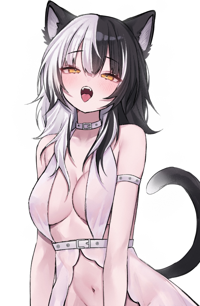 1girl absurdres alternate_costume animal_ears arm_strap bare_shoulders belt belt_collar black_hair blush breasts cat_ears cat_girl cat_tail collar commentary english_commentary fangs grey_hair hair_between_eyes half-closed_eyes highres hololive hololive_english kemonomimi_mode large_breasts long_hair looking_at_viewer miclipse multicolored_hair navel open_mouth revealing_clothes shiori_novella simple_background solo split-color_hair tail teeth tongue tongue_out two-tone_hair upper_body upper_teeth_only virtual_youtuber white_background white_belt yellow_eyes