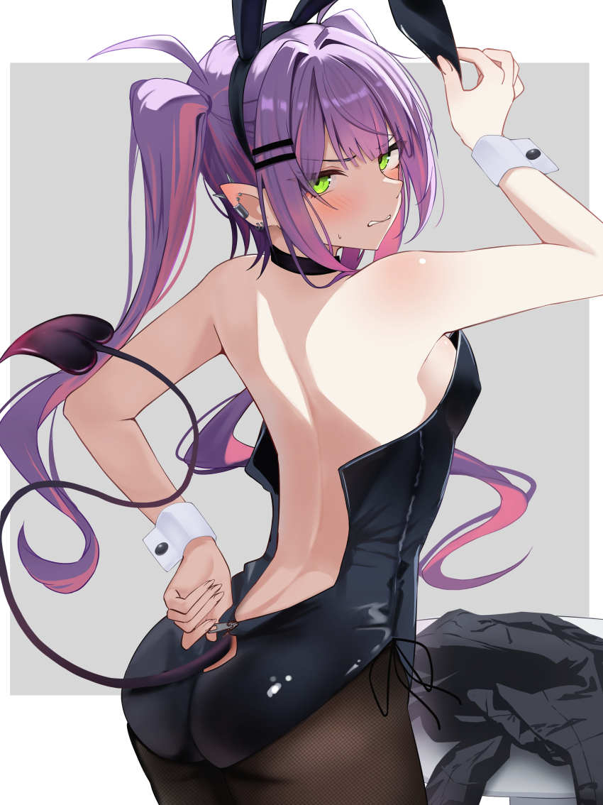1girl absurdres animal_ear_hairband animal_ears bare_back black_choker black_leotard black_pantyhose blush choker clenched_teeth clothing_cutout commentary demon_tail ear_piercing embarrassed fake_animal_ears from_behind green_eyes hair_ornament hairband hairclip highres hololive jacket leotard long_hair micon pantyhose parallel_hairclips partially_unzipped piercing playboy_bunny pointy_ears purple_hair rabbit_ear_hairband rabbit_ears side-tie_leotard solo standing symbol-only_commentary tail tail_through_clothes teeth tokoyami_towa twintails unworn_jacket virtual_youtuber wrist_cuffs