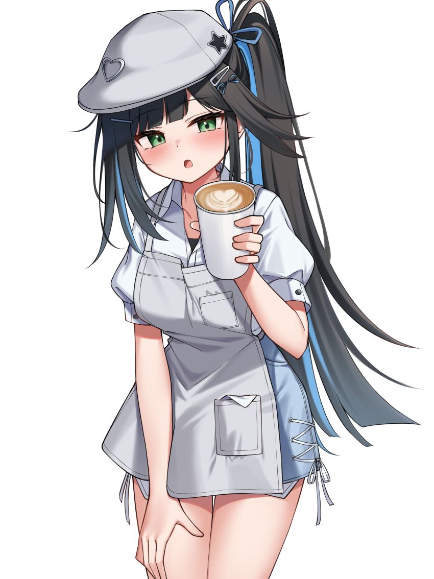 1girl abigail_(black_survival) absurdres alternate_costume apron black_hair black_survival blue_skirt newsboy_cap commission cowboy_shot cup eternal_return:_black_survival exposed_pocket green_eyes grey_apron hand_on_own_thigh hat highres holding holding_cup long_hair looking_at_viewer multicolored_hair open_mouth ponytail second-party_source shirt short_sleeves simple_background skirt solo streaked_hair very_long_hair white_background white_hat white_shirt ziro_(zirorong)