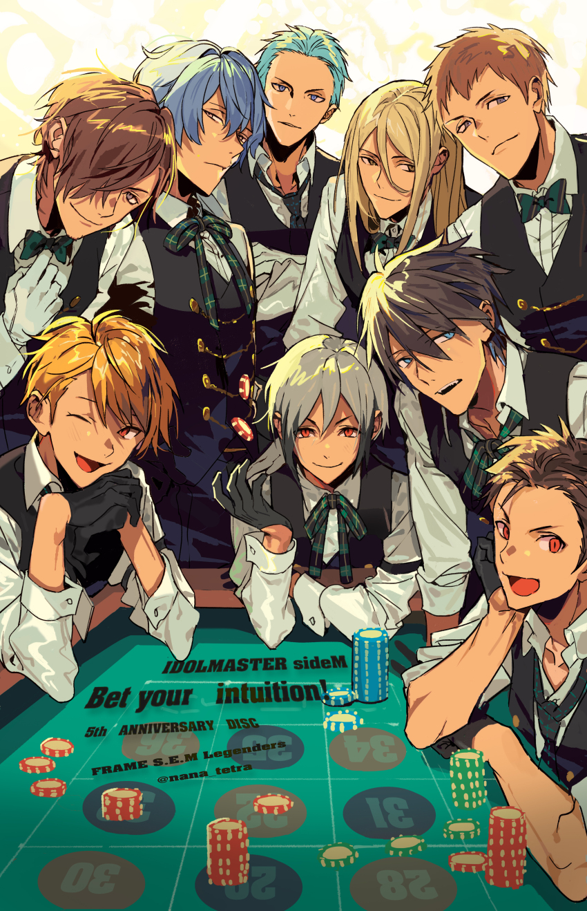 6+boys absurdres ahoge aqua_hair arm_strap arms_on_table black_bow black_bowtie black_gloves black_necktie black_ribbon black_vest blonde_hair blue_eyes blue_hair blush bow bowtie brown_eyes brown_hair casino_card_table character_request checkered_ribbon closed_mouth collarbone commentary_request cowboy_shot crossed_arms diagonal-striped_bow diagonal-striped_bowtie diagonal-striped_clothes english_text gloves green_bow green_bowtie green_ribbon grey_eyes hair_between_eyes hair_over_one_eye hand_on_own_arm hand_on_table head_on_hand highres idolmaster idolmaster_side-m looking_at_viewer male_focus medium_hair multiple_boys nana_tetra necktie one_eye_closed open_mouth own_hands_together parted_lips poker_chip red_eyes ribbon shirt short_hair sitting smile standing striped_bow striped_bowtie striped_clothes table teeth tsurime twitter_username two-tone_bow two-tone_bowtie two-tone_ribbon upper_body upper_teeth_only vest white_gloves white_shirt