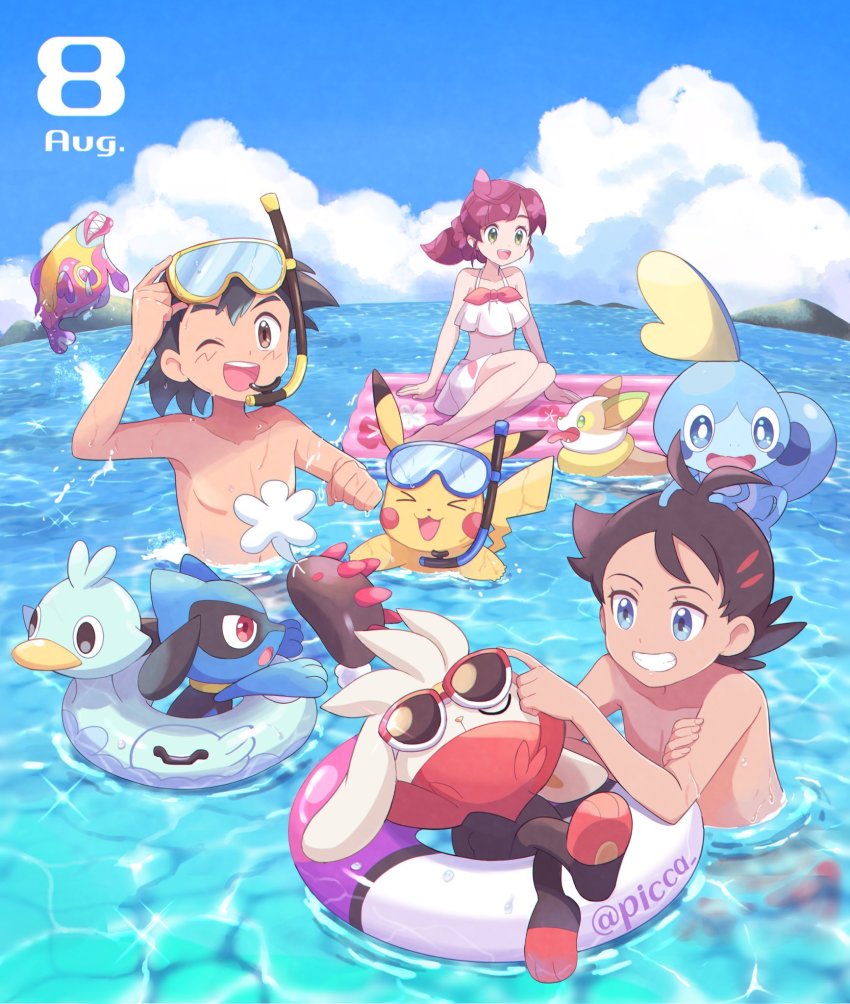 1girl 2boys ash_ketchum barefoot black_hair blue_eyes bruxish chloe_(pokemon) cloud dated day ducklett gen_1_pokemon gen_4_pokemon gen_5_pokemon gen_7_pokemon gen_8_pokemon goh_(pokemon) green_eyes highres innertube long_hair mei_(maysroom) multiple_boys navel nintendo on_head open_mouth outdoors pikachu pokemon pokemon_(anime) pokemon_(creature) pokemon_journeys pokemon_on_head pyukumuku raboot red_hair riolu sitting sky snorkel sobble sunglasses swim_ring swimming swimsuit teeth tongue topless_male water yamper