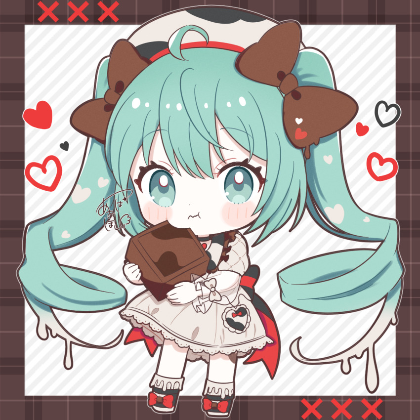 1girl :t ahoge aobahosino black_shoes blush_stickers border bow brown_border brown_bow chibi chibi_only chocolate closed_mouth commentary_request dress eating food full_body green_eyes green_hair grey_background hair_bow hat hatsune_miku holding holding_chocolate holding_food long_hair long_sleeves looking_at_viewer outside_border shoes signature sleeve_bow solo standing striped_background twintails very_long_hair vocaloid white_bow white_dress white_hat