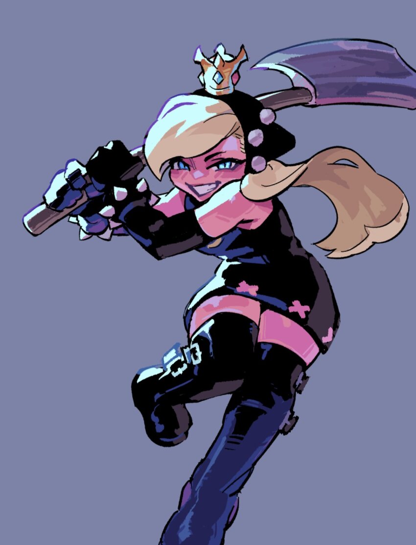 1girl axe black_boots black_dress black_gloves blonde_hair boots bracelet commentary_request crown dress elbow_gloves evil_grin evil_smile gloves green_eyes grey_background grin highres holding holding_axe jewelry long_hair mario_(series) mario_power_tennis mario_tennis nintendo nycnouu short_dress smile solo spiked_bracelet spikes thigh_boots warupeach