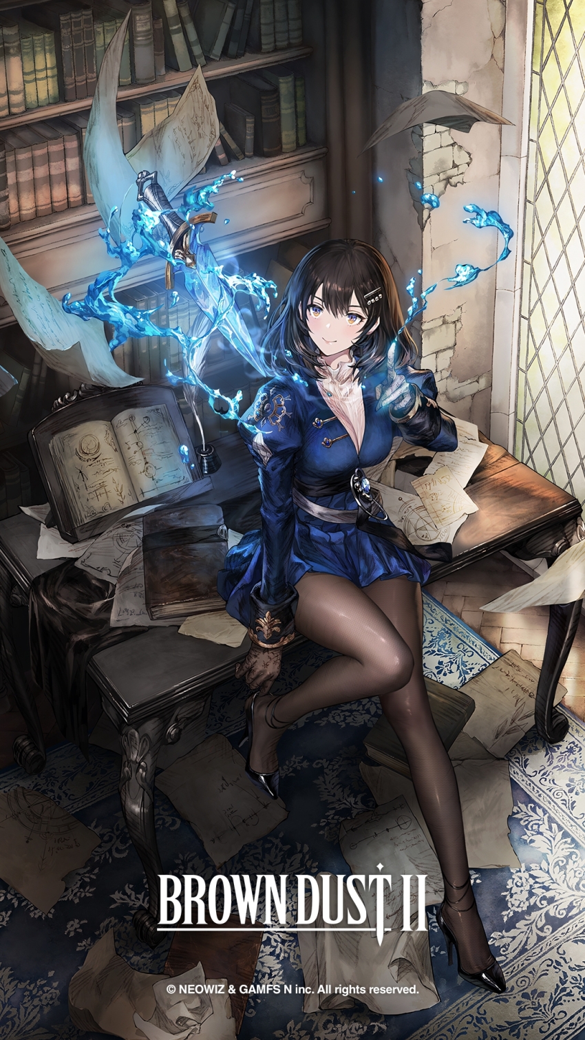 1girl adjusting_footwear artist_request belt black_footwear black_hair book bookshelf breasts brown_dust_(series) brown_dust_2 brown_eyes brown_gloves brown_pantyhose closed_mouth copyright_name dagger eyebrows_hidden_by_hair flying_paper full_body gem gloves glowing glowing_weapon hair_between_eyes hair_ornament hairclip high_heels highres hydrokinesis juliet_sleeves knees_together_feet_apart knife large_breasts long_sleeves looking_up official_art official_wallpaper open_book pantyhose paper pointing puffy_sleeves rug scheherazade_(brown_dust) scheherazade_(the_lapis_witch)_(brown_dust) second-party_source shirt sitting sitting_on_table smile solo stiletto_heels water weapon white_shirt window_shadow wooden_floor