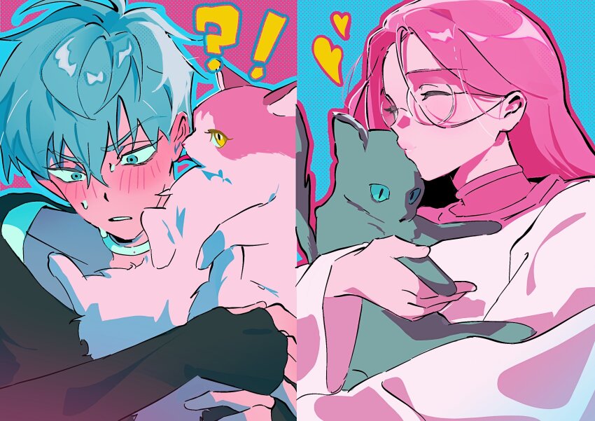 !? 1boy 1girl 2828_san alien_stage animal black_jacket blush cat choker closed_eyes commentary glasses green_eyes grey_hair hair_between_eyes heart highres holding holding_animal holding_cat jacket kiss kissing_animal long_hair mizi_(alien_stage) pink_hair round_eyewear shirt short_hair sweat symbol-only_commentary till_(alien_stage) very_short_hair white_choker white_shirt