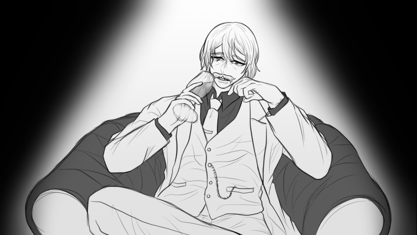 1boy alcohol arm_support chain collared_shirt couch cup drinking_glass facial_hair formal_clothes greyscale hair_between_eyes half-closed_eyes head_on_hand head_rest highres holding holding_cup holding_glass jack_the_ripper_(shuumatsu_no_valkyrie) looking_at_viewer male_focus monochrome mustache necktie parted_bangs shirt short_hair shuumatsu_no_valkyrie sitting suit wine wine_glass