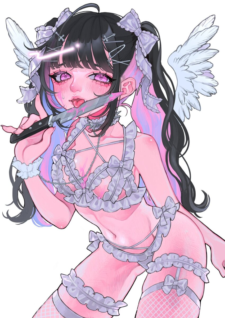 1girl angel_wings black_hair blood blush bow fishnets frilled_bow frills hair_between_eyes hair_bow hair_ornament hairclip highres holding holding_knife knife kuua_oyasumi leaning_forward licking licking_blade licking_weapon lingerie long_hair looking_at_viewer original pink_blood pink_eyes simple_background solo sweatdrop tongue tongue_out twintails underwear weapon white_background white_bow white_wings wings