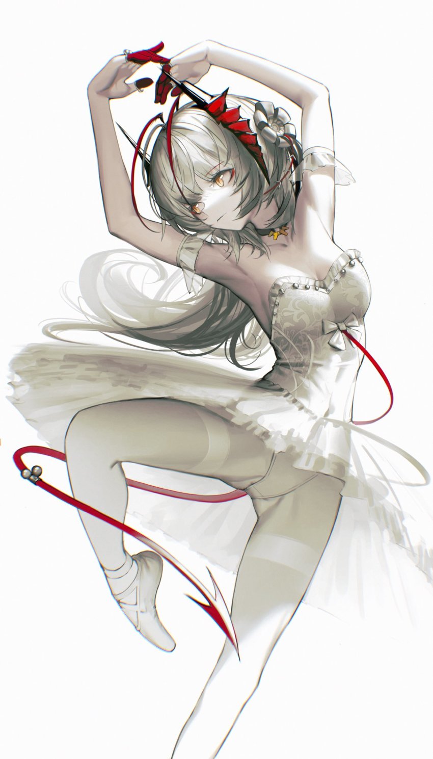 1girl alternate_costume alternate_hair_length alternate_hairstyle arknights arm_strap armpits arms_up athletic_leotard ballerina ballet ballet_slippers breasts cleavage closed_mouth collarbone dancing demon_girl demon_horns demon_tail grey_hair highres horns leg_up leotard long_hair looking_away looking_to_the_side medium_breasts orange_eyes pantyhose solo strapless strapless_leotard tail tail_ornament tail_ring thighband_pantyhose tutu veilrain w_(arknights) white_leotard white_pantyhose