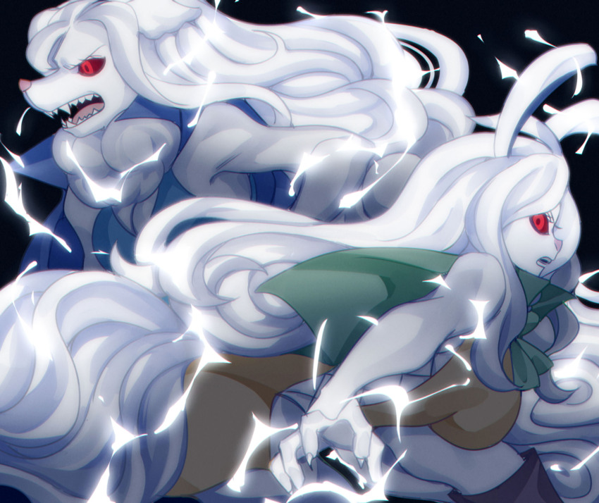 2girls animal_ears bad_tag black_background blue_cape breasts cape capelet carrot_(one_piece) dog_girl dress feet_out_of_frame from_side green_capelet highres large_breasts lightning long_hair multiple_girls one_piece open_mouth pandar_op rabbit_ears rabbit_girl red_eyes serious sharp_teeth sleeveless sleeveless_dress sulong_form teeth very_long_hair wanda_(one_piece) wavy_hair white_fur white_hair yellow_dress