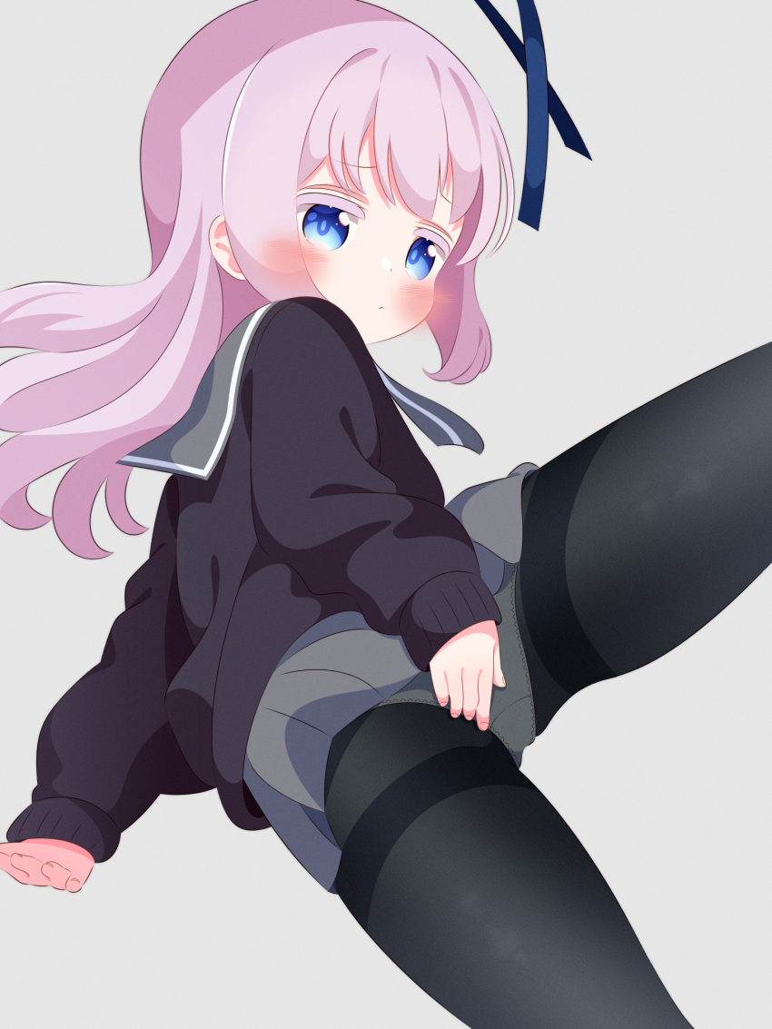 1girl ass black_cardigan black_pantyhose blue_eyes blue_ribbon blush cardigan crotch_seam embarrassed from_behind grey_background grey_neckerchief grey_skirt hair_ribbon hand_on_own_ass highres loli long_hair long_sleeves looking_at_viewer looking_back lying neckerchief open_mouth panties panties_under_pantyhose pantyhose pink_hair r245 ribbon school_uniform sengoku_kamuri skirt slow_start underwear white_panties