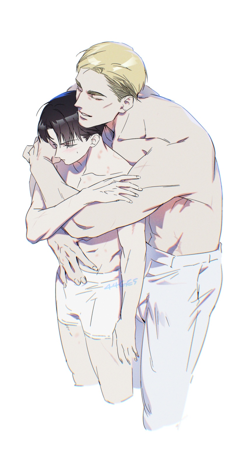 2boys 44ge5 arms_around_neck black_hair blonde_hair closed_eyes collarbone commentary_request cropped_legs erwin_smith hand_on_another&#039;s_arm hand_on_another&#039;s_stomach highres korean_commentary levi_(shingeki_no_kyojin) male_focus male_underwear multiple_boys pants shingeki_no_kyojin smile thick_eyebrows topless_male underwear white_male_underwear white_pants yaoi