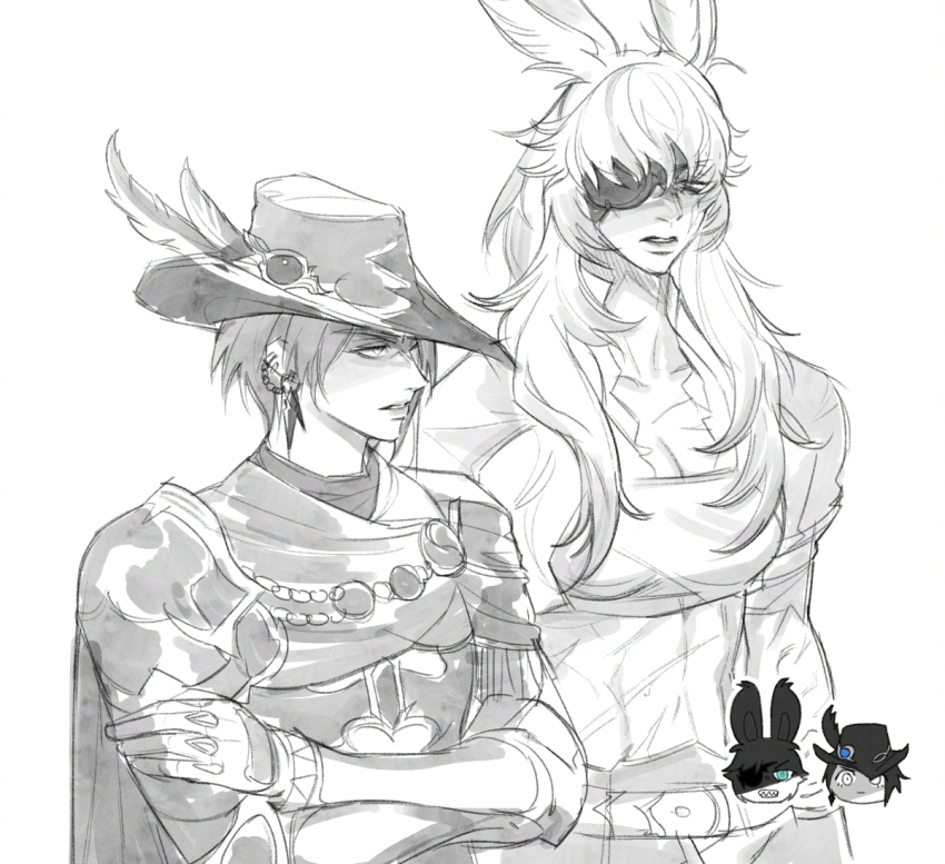 2girls androgynous animal_ears armor bib_bb_bib breasts cleavage crossed_arms ear_piercing eyepatch final_fantasy final_fantasy_xiv frown greyscale hat hat_feather long_hair monochrome multiple_girls pauldrons piercing rabbit_ears reverse_trap scar scar_on_chest short_hair shoulder_armor simple_background single_pauldron sports_bra toned toned_female tricorne upper_body viera warrior_of_light_(ff14) white_background zero_(ff14)