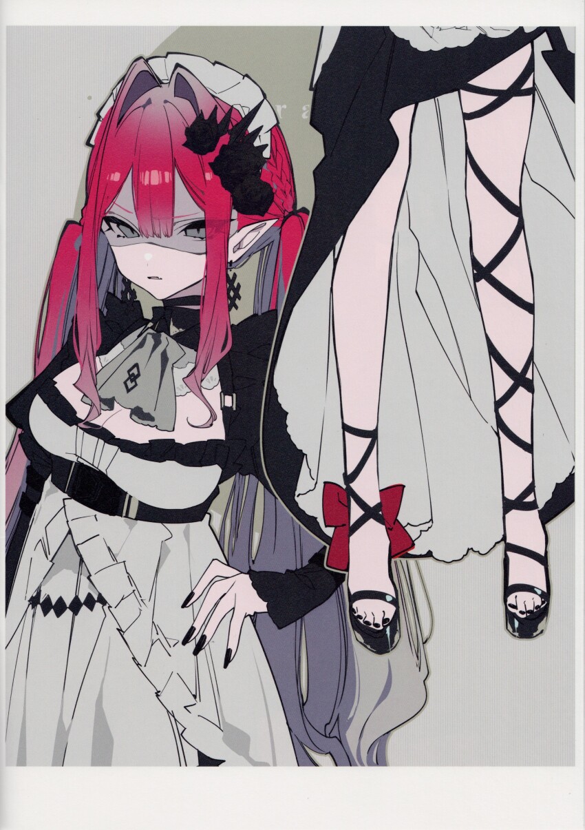 1girl absurdres alternate_costume ascot baobhan_sith_(fate) black_dress black_nails breasts cleavage cleavage_cutout clothing_cutout dress earrings enmaided fate/grand_order fate_(series) glaring grey_ascot hand_on_own_hip highres jewelry long_hair looking_at_viewer maid maid_headdress mochizuki_kei pink_hair platform_footwear platform_heels pointy_ears scan shaded_face sidelocks solo toeless_footwear twintails