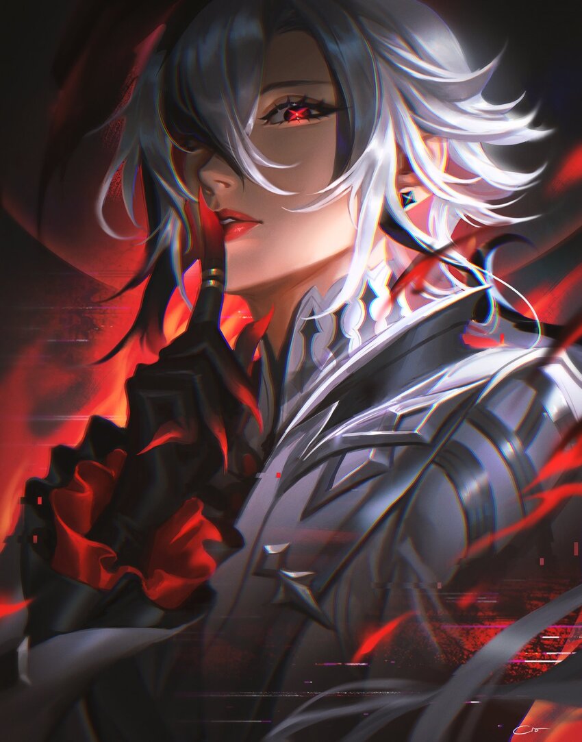 1girl arlecchino_(genshin_impact) black_eyes black_hair black_hands chromatic_aberration coat colored_extremities commentary crovius earrings english_commentary finger_to_mouth frilled_sleeves frills genshin_impact gradient_skin grey_coat hair_between_eyes hand_up highres jewelry long_sleeves looking_at_viewer multicolored_hair parted_lips red_lips red_pupils short_hair solo streaked_hair symbol-shaped_pupils upper_body white_hair x-shaped_pupils