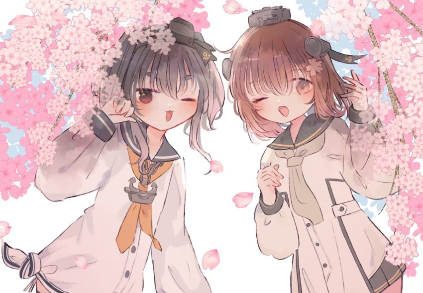 2girls anchor_symbol black_hair blue_sailor_collar blush brown_eyes brown_hair cherry_blossoms commentary_request dress flower gradient_hair grey_hair grey_neckerchief hair_between_eyes hair_flower hair_ornament headgear kantai_collection long_sleeves multicolored_hair multiple_girls nazu_(nazuunne) neckerchief one_eye_closed open_mouth petals pink_flower sailor_collar sailor_dress short_dress short_hair_with_long_locks tokitsukaze_(kancolle) white_dress yellow_neckerchief yukikaze_(kancolle) yukikaze_kai_ni_(kancolle)