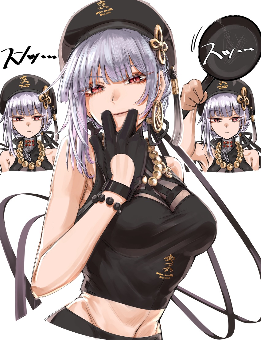 1girl absurdres armpit_crease bare_shoulders bead_necklace beads beret black_hat black_shirt breasts closed_mouth commentary_request crop_top deadpan earrings false_smile hat highres holding_pan hoop_earrings jewelry looking_at_viewer medium_breasts midriff mismatched_irises mole mole_under_mouth multiple_views murderdoll1641 navel necklace red_eyes sanhua_(wuthering_waves) shirt short_hair simple_background sleeveless sleeveless_shirt smile tacet_mark_(wuthering_waves) white_background white_hair wuthering_waves